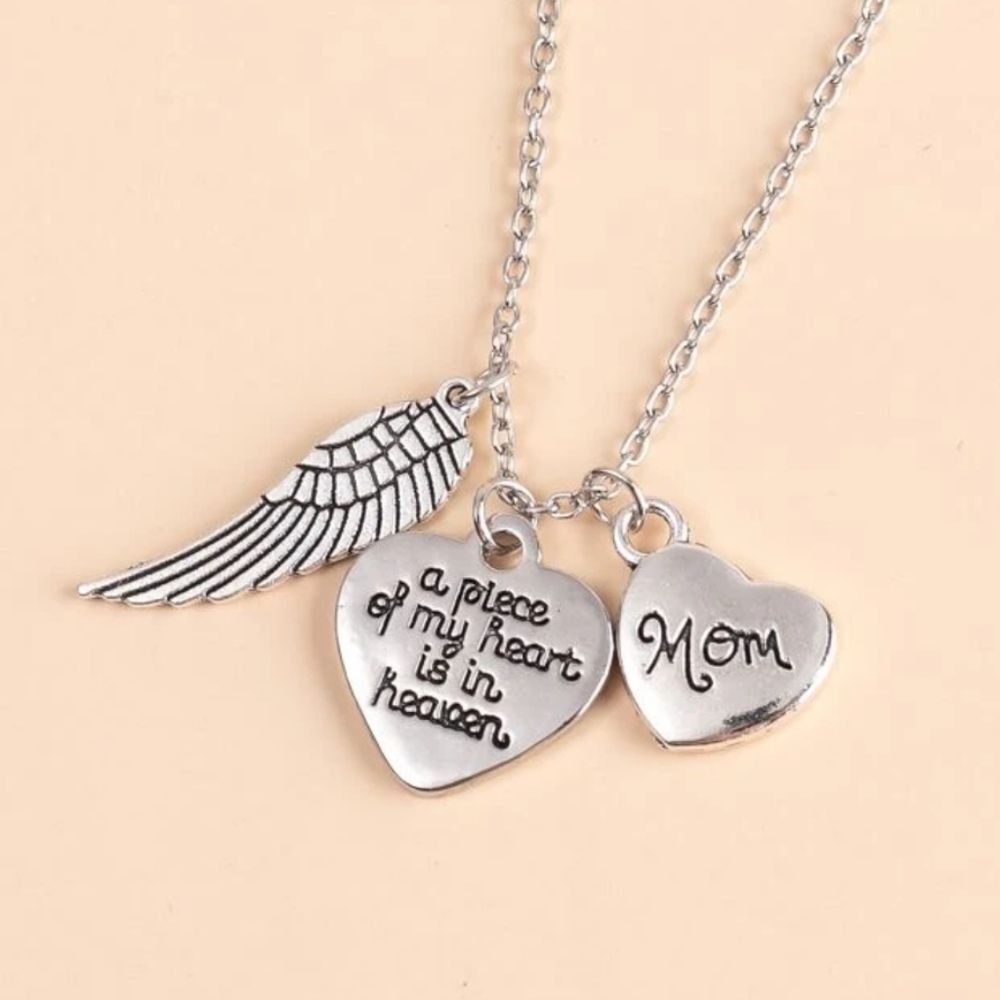 Mother Necklace Silver Mom Angel Wings Gift Love‎ Memorial Family Heart Jewelry